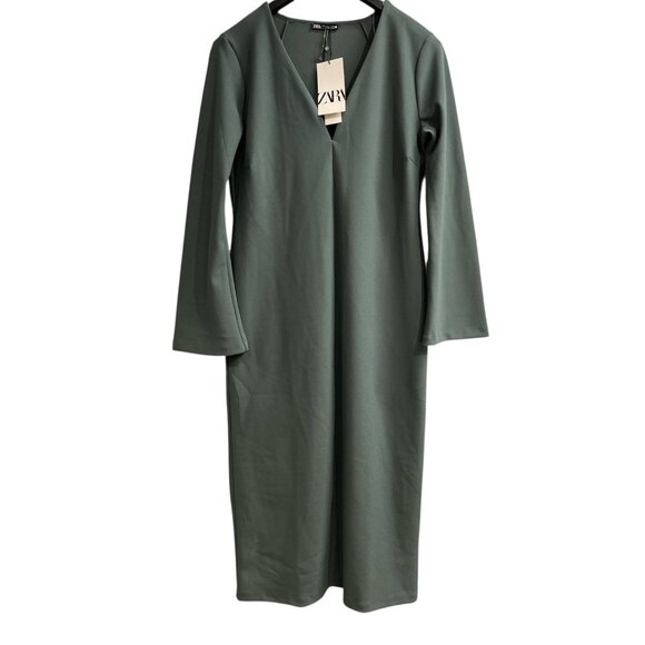 Zara Dress Womens L Gray Sheath Knit Midi Flare Sleeve Minimalist Capsule Office - Picture 1 of 11